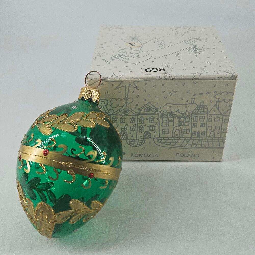 Vintage KOMOZJA Poland blown glass green ornate egg Christmas Ornament